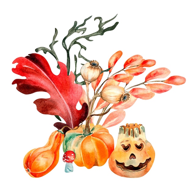 Composição de Halloween com ilustração de aquarela de plantas coloridas isolada no fundo branco