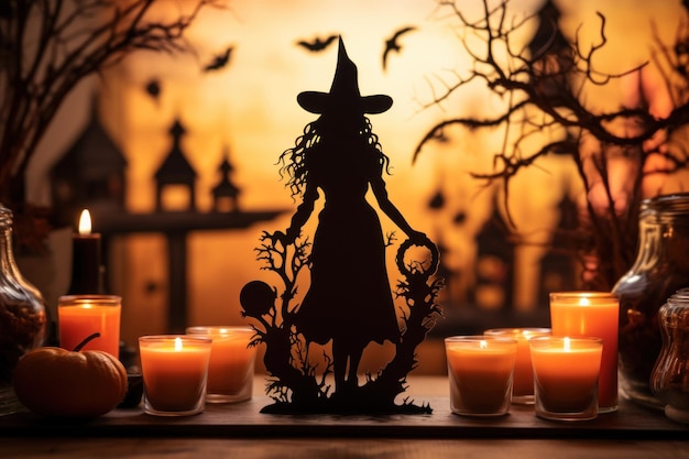 Composição de Halloween com silhueta preta de bruxa na mesa de madeira com velas brilhantes de abóboras