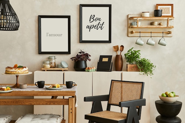 Composição de interior de cozinha criativa e aconchegante com molduras de pôsteres de cômoda bege plantas cadeira mesa de família e acessórios elegantes modelo xa