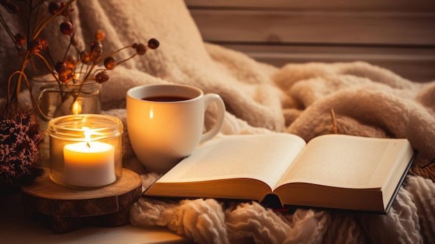 Composição de inverno aconchegante com uma chávena de chá quente e livros