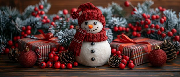 Composição de inverno com ornamentos de boneco de neve presentes e bastões de doces em tábuas de madeira