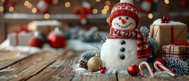 Composição de inverno com uma moldura de boneco de neve ramos decorativos apresenta canas de doces e ornamentos em placas de madeira fundo