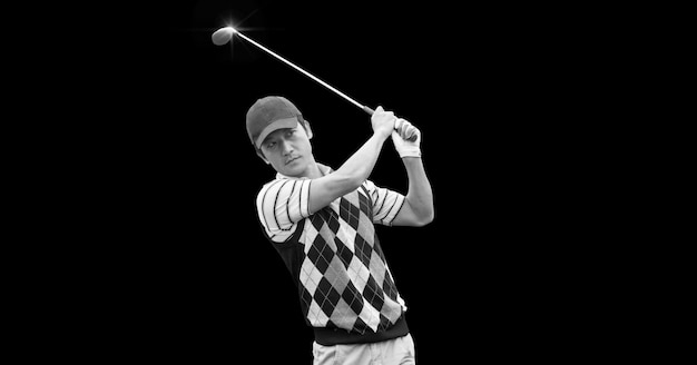 Composição de jogador de golfe asiático com taco de golfe com espaço de cópia em preto e branco