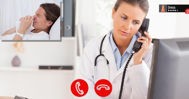 Composição de médica falando ao telefone durante consulta online