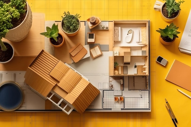 Composição de moodboard de arquiteto criativo com amostras de plano de fundo amarelo IA generativa