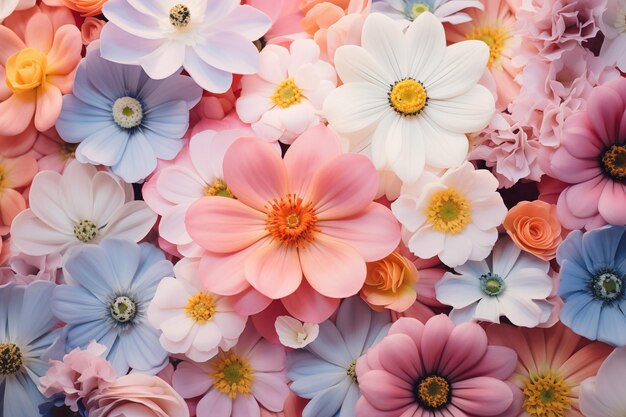 Foto composição de muitas flores pastel fundo e padrão