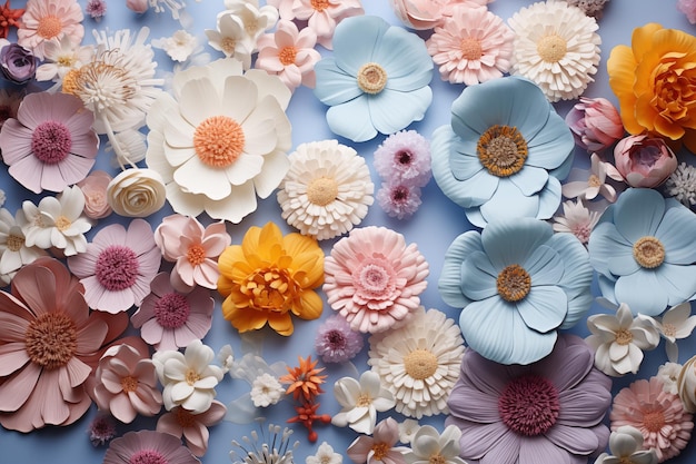 Foto composição de muitas flores pastel fundo e padrão