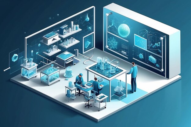 Composição de nanotecnologia isométrica com imagem de pesquisa científica isolada em ilustração vetorial de fundo em branco