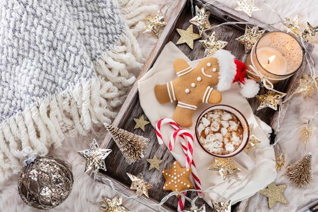 Composição de Natal aconchegante com uma xícara e biscoitos. Chocolate quente com marshmallow.