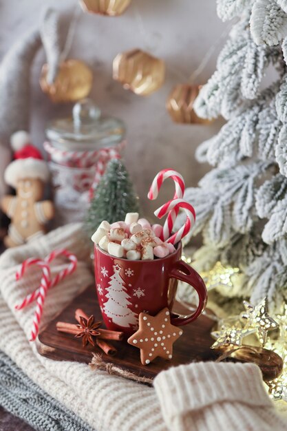 Composição de Natal aconchegante com uma xícara e biscoitos. Chocolate quente com marshmallow.