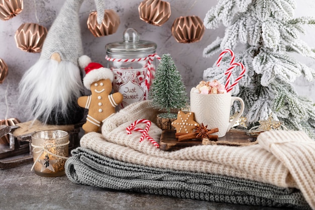 Composição de Natal aconchegante com uma xícara e biscoitos. Chocolate quente com marshmallow.