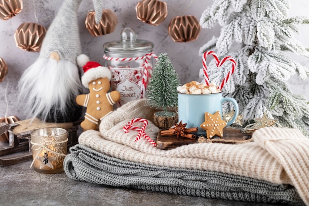 Composição de Natal aconchegante com uma xícara e biscoitos. Chocolate quente com marshmallow.