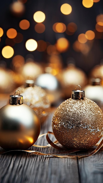 Composição de Natal Bolas de Natal douradas enfeites fundo bokeh Espaço de cópia IA generativa