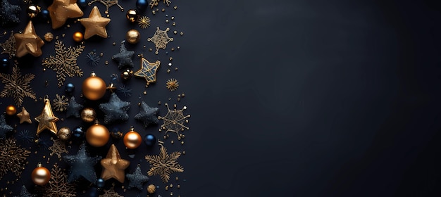 Composição de Natal com bolas de Natal e decorações em um fundo preto com espaço de cópia Top view flat lay Christmas banner mockup AI Gerado