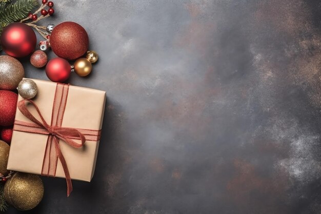 Composição de Natal com caixas de presente, bolas de cartão, ramos de abeto, pinhas com espaço de cópia Natal