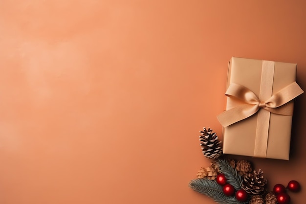 Composição de Natal com caixas de presente, bolas de cartão, ramos de abeto, pinhas com espaço de cópia Natal