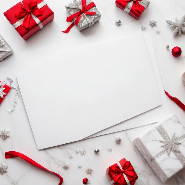 Composição de Natal com elegantes presentes vermelhos e prateados em fundo de mármore para texto personalizado