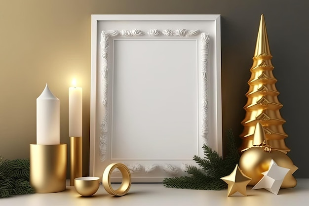 Composição de natal com moldura de pôster dourada, chaminé branca e decoração Árvores de natal e coroa de velas, estrelas, acessórios leves e elegantes Modelo