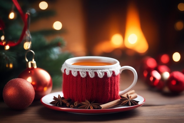 composição de natal com uma xícara de especiarias de chá em um elemento de malha fundo de bebida de natal