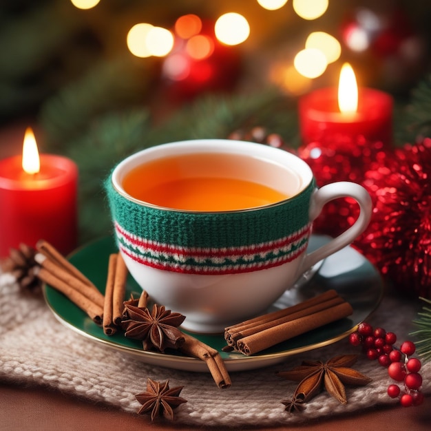 composição de natal com uma xícara de especiarias de chá em um elemento de malha fundo de bebida de natal