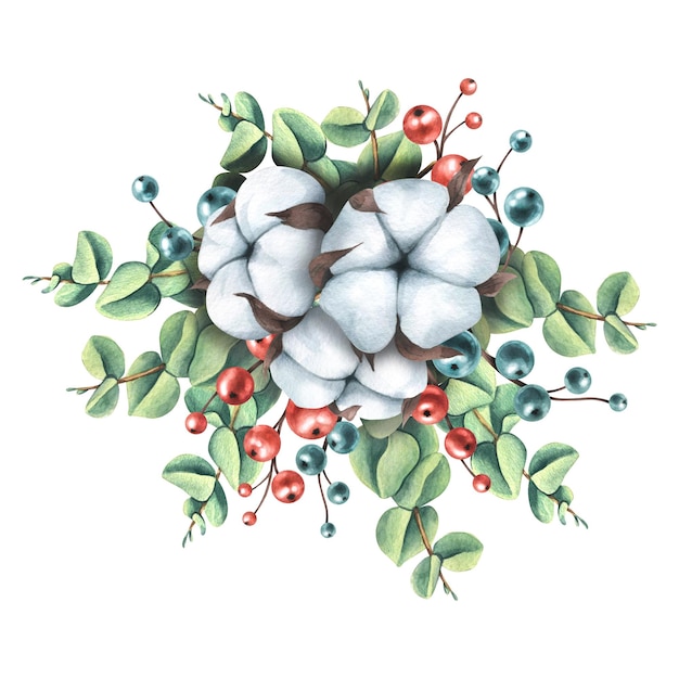 Composição de natal de galhos de eucalipto com algodão e frutas Ilustração em aquarela de um grande conjunto de COSY WINTER Para decoração e decoração de cartões de natal