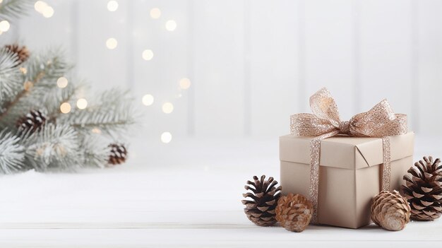 Composição de Natal feita de caixa de presente e pinhas de ramos de abeto em fundo branco de madeira