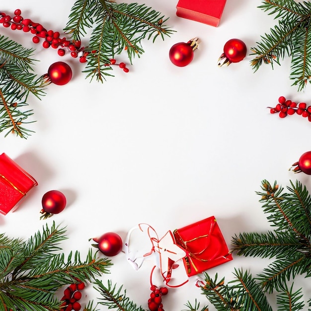 Composição de Natal Presentes ramos de abeto decorações vermelhas em fundo branco vitória de Natal
