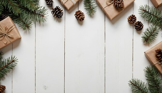 Composição de Natal Ramos de abeto de Natal presentes cones de pinheiro em fundo rústico branco de madeira