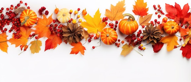 Composição de outono bagas de Rowan folhas secas abóboras e flores em fundo branco outono outono halloween dia de ação de graças conceito vista de cima com espaço de texto
