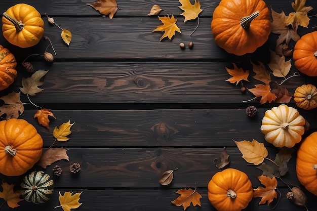 Composição de outono com folhas secas e abóboras maduras em uma mesa de madeira escura Vista superior Espaço de cópia