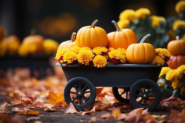 Composição de outono de abóboras com flores amarelas em um carrinho de mão de jardim Generative AI