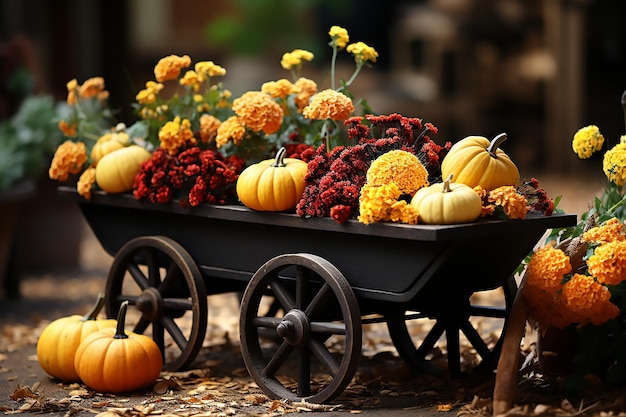 Composição de outono de abóboras com flores vermelhas e amarelas em um carrinho de mão de jardim Generative AI