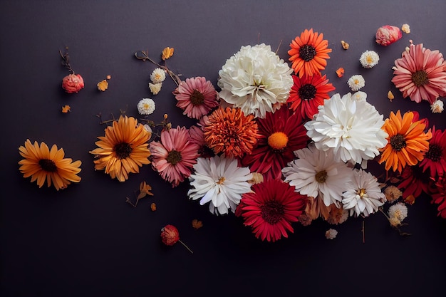 Composição de outono feita de lindas flores em pano de fundo claro. Decoração florística. Florais naturais