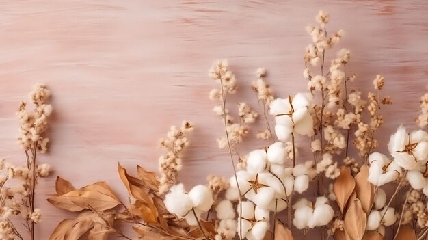 Composição de outono Moldura feita de ramos de eucalipto, flores de algodão, muitas folhas secas em fundo cinza pastel Conceito de queda de outono Vista plana de cima AI Generative
