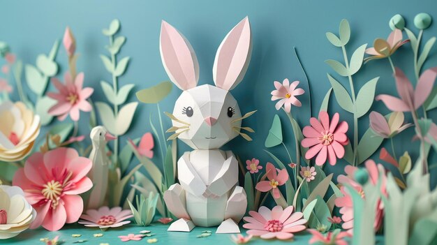 Composição de papel origami de um bonito coelho de Páscoa entre flores coloridas