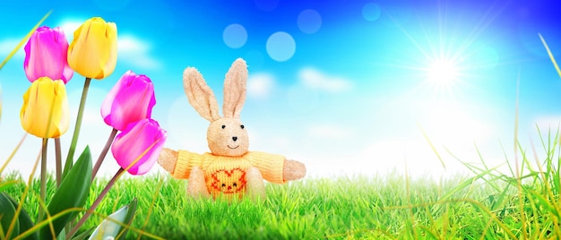 Composição de páscoa com decoração festiva de coelho feliz páscoa