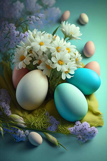 Composição de Páscoa com ovos coloridos e flores em fundo de tartaruga Generative AI