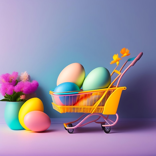 Composição de Páscoa com ovos coloridos no carrinho de compras e flores da primavera em fundo pastel