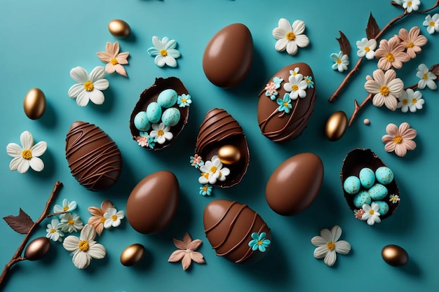 Composição de Páscoa com ovos de chocolate e galhos de cereja em um fundo azul
