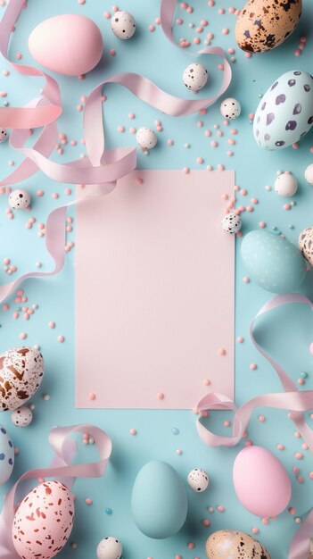 Foto composição de páscoa com ovos, fitas e cartão em fundo pastel