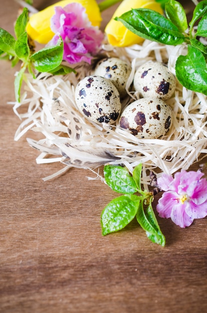 Composição de Páscoa de ovos e flores da primavera.