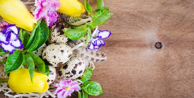 Composição de Páscoa de ovos e flores da primavera.