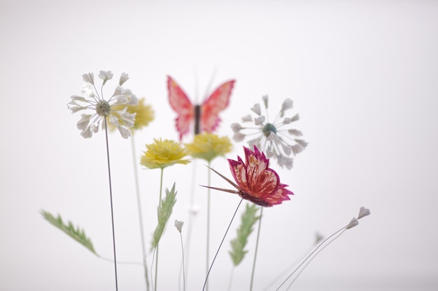 Composição de primavera com flores de papel e borboleta em fundo branco