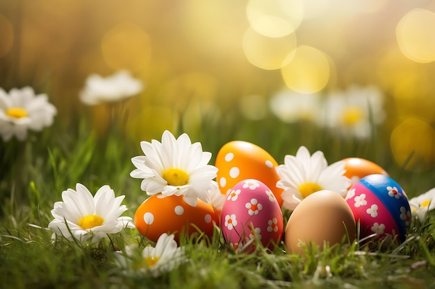 Composição de primavera com ovos de Páscoa e flores em um fundo desfocado