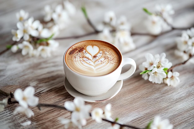 Composição de primavera com uma chávena de café quente entre ramos de árvores em flor ao ar livre Chávena de chá com arte de latte e flor de primavera Mesa de café em um conceito de primavera de jardim de primavera