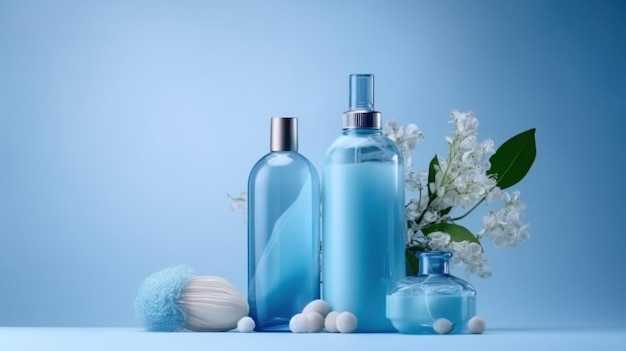 Composição de produtos cosméticos azuis Ilustração AI GenerativexA