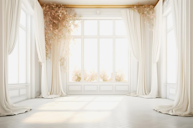 Composição de proporção áurea de interiores cativantes de uma maquete de quarto branco lindamente mobiliado