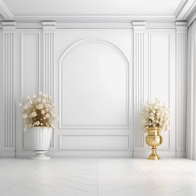 Composição de proporção áurea de serenidade floral de um lindo quarto branco com lindos móveis e flores