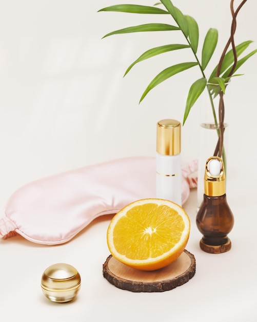 Foto composição de relaxamento de spa com máscara de sono, metade de laranja e produto de beleza em garrafas cosméticas, remédios naturais laranja para o tratamento da depressão, insônia e estresse nervoso.