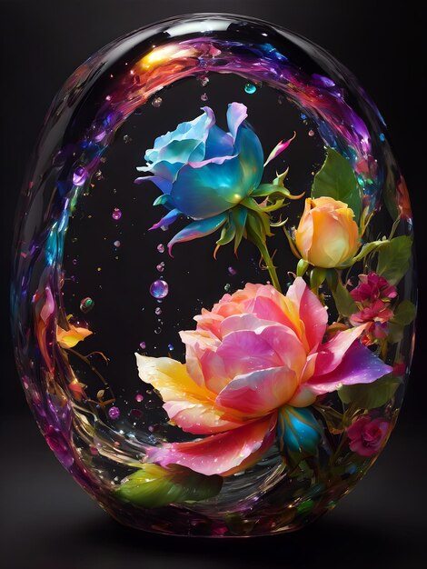 Foto composição de rosas coloridas em preto em gotas de água
